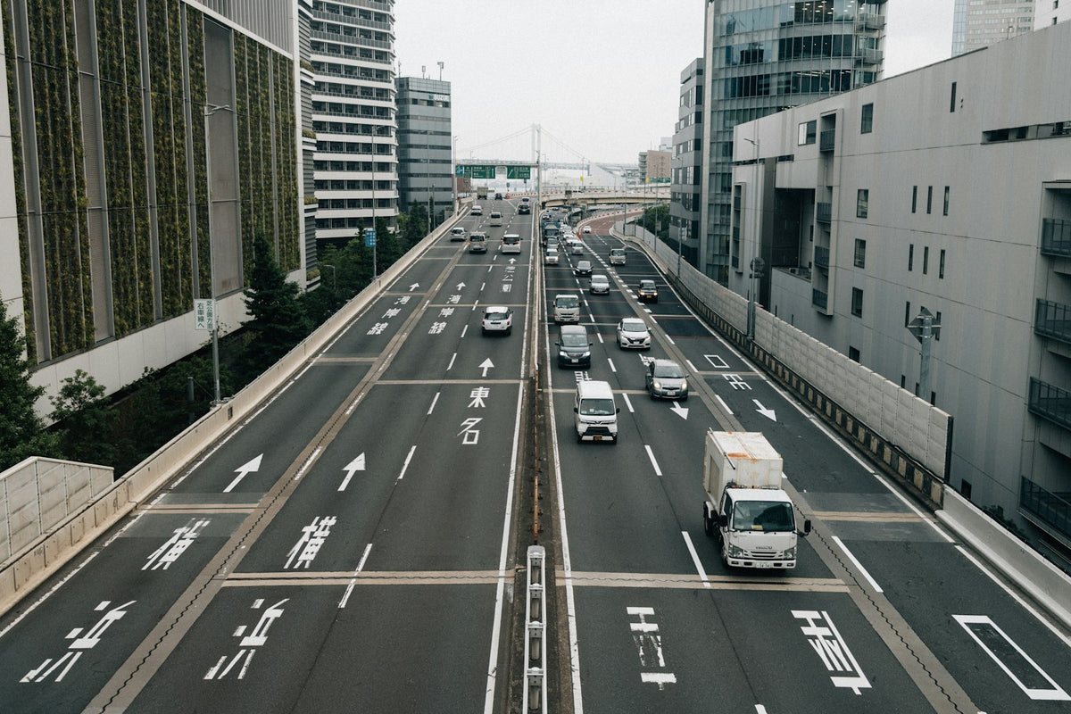 Cars driving on a multi-lane highway