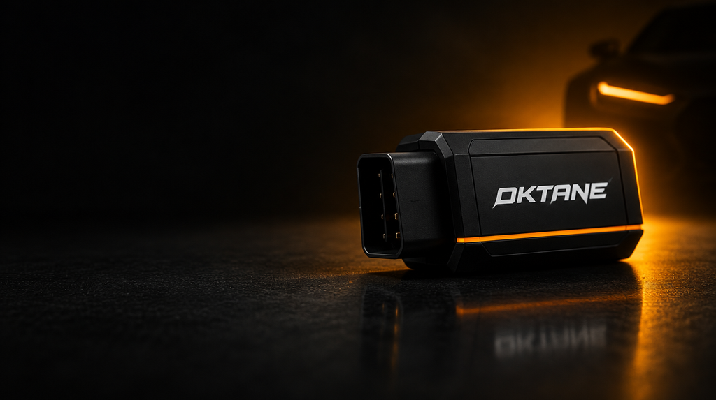 Oktane One OBD device on a dark surface with amber light (concept render)