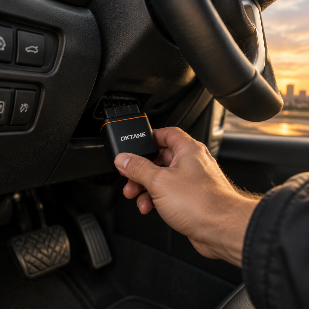 Driver plugging the Oktane One OBD device into the car's OBD socket (concept render)